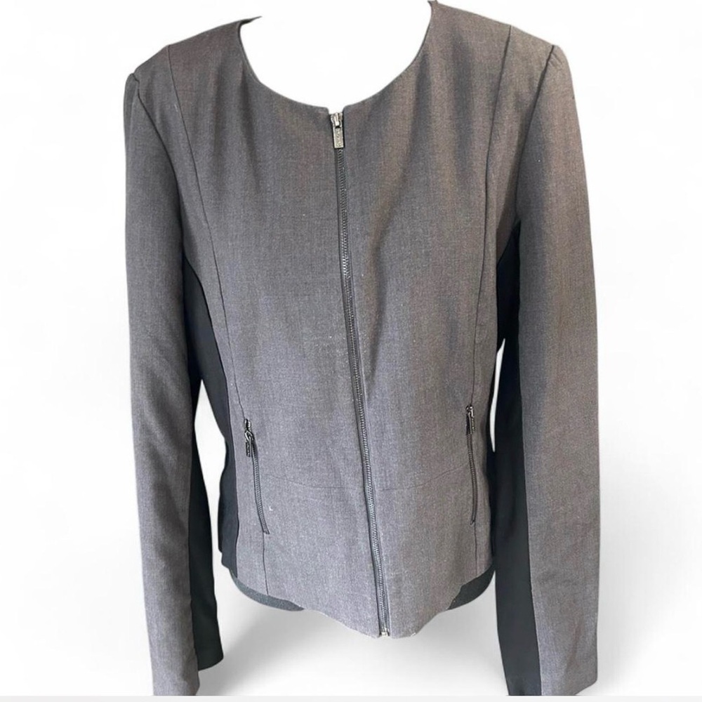 Calvin Klein Zip Front Blazer Jacket Size 12 Gray Black Stretch Career Work - Picture 2 of 7
